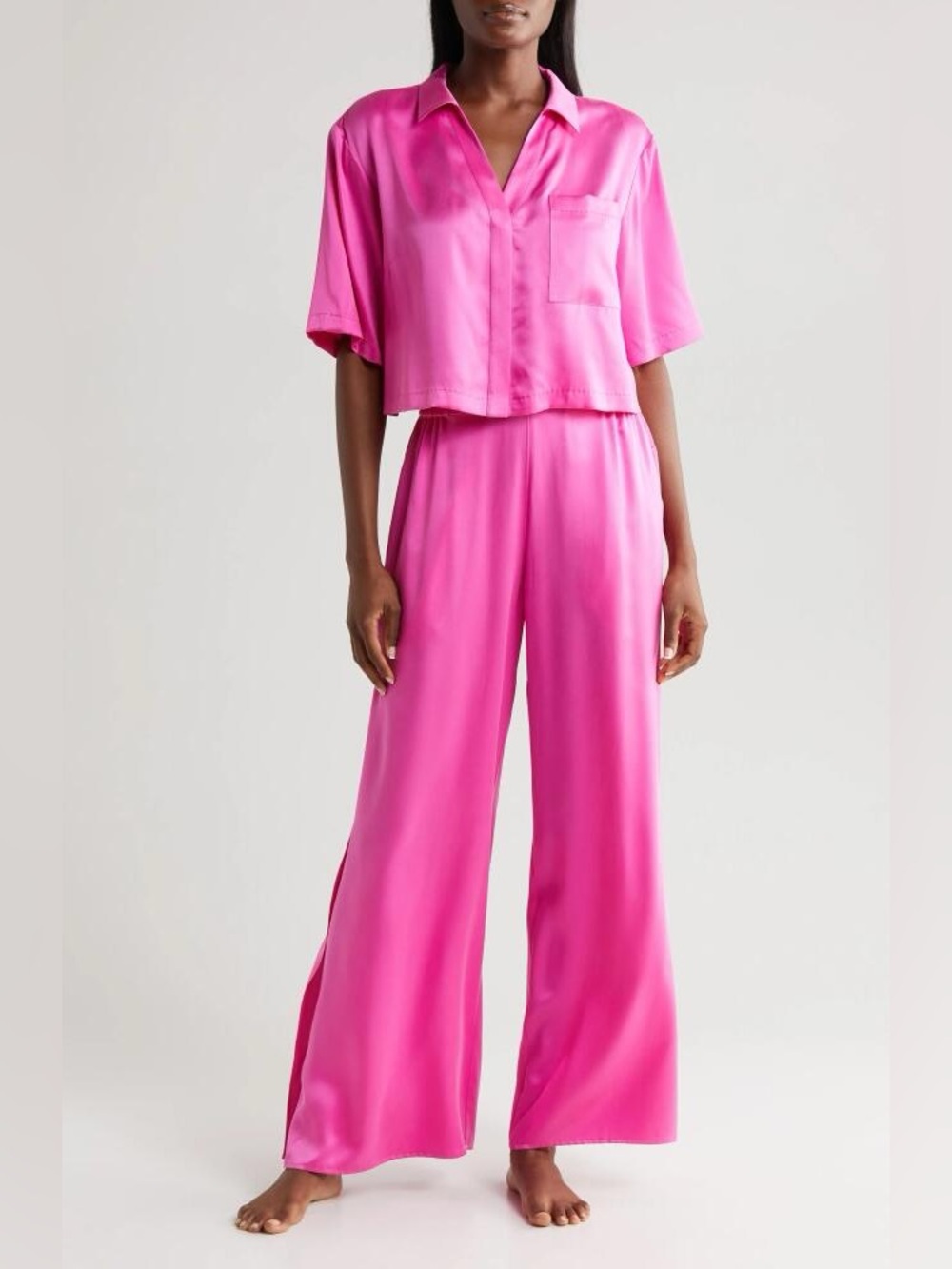 Lunya Washable silk high rise pant set pajamas in Caffeinated Pink